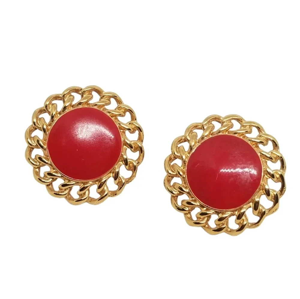 VINTAGE NAPIER LARGE ROUND GOLDTONED  & RED ENAMEL STATEMENT CLIP ON EARRINGS